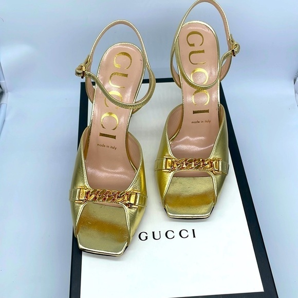 Gucci Gold Metallic Leather Chain link square toe strapy heels 37.5 - Picture 1 of 12